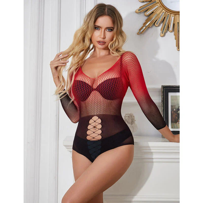 SUBBLIME - 952259 RED AND BLACK GRADIENT LONG SLEEVE ELASTIC FISHNET DRESS ONE SIZE - Happytoys Sexshop: online sex shop for Feeling Happy & Easy 😊 - Discreet geleverd