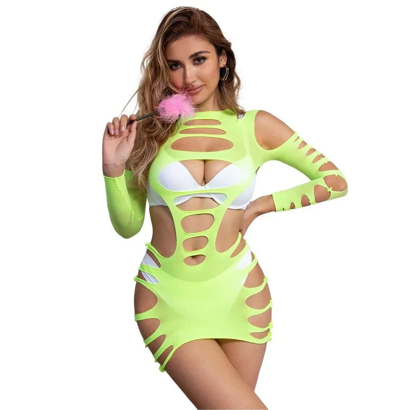 SUBBLIME - 952280 GREEN LONG SLEEVE ELASTIC FISHNET DRESS ONE SIZE - Happytoys Sexshop: online sex shop for Feeling Happy & Easy 😊 - Discreet geleverd