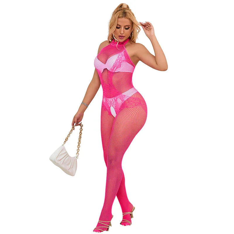 SUBBLIME - 952389 FISHNET AND LACE CROTCHLESS BODYSTOCKING WITH HIGH NECK PINK ONE SIZE - Happytoys Sexshop: online sex shop for Feeling Happy & Easy 😊 - Discreet geleverd