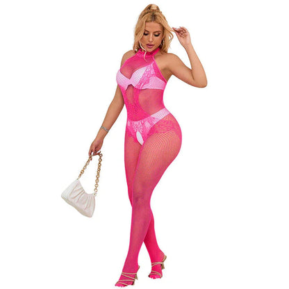 SUBBLIME - 952389 FISHNET AND LACE CROTCHLESS BODYSTOCKING WITH HIGH NECK PINK ONE SIZE - Happytoys Sexshop: online sex shop for Feeling Happy & Easy 😊 - Discreet geleverd