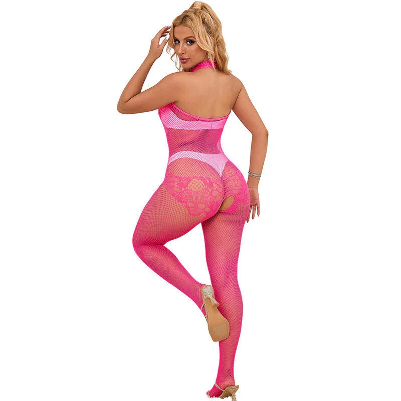 SUBBLIME - 952389 FISHNET AND LACE CROTCHLESS BODYSTOCKING WITH HIGH NECK PINK ONE SIZE - Happytoys Sexshop: online sex shop for Feeling Happy & Easy 😊 - Discreet geleverd