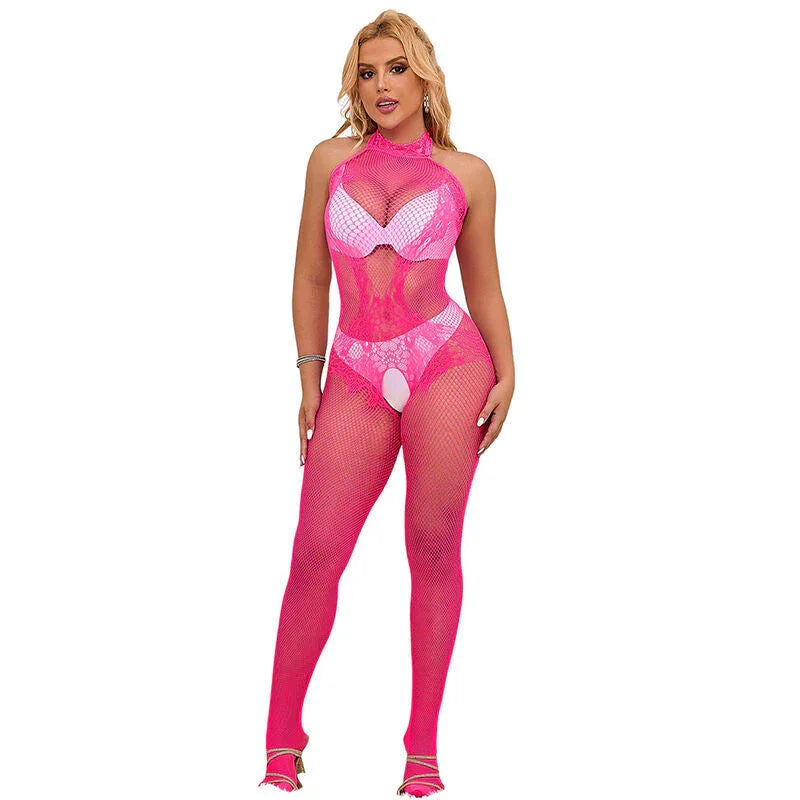 SUBBLIME - 952389 FISHNET AND LACE CROTCHLESS BODYSTOCKING WITH HIGH NECK PINK ONE SIZE - Happytoys Sexshop: online sex shop for Feeling Happy & Easy 😊 - Discreet geleverd