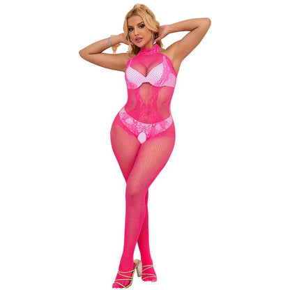 SUBBLIME - 952389 FISHNET AND LACE CROTCHLESS BODYSTOCKING WITH HIGH NECK PINK ONE SIZE - Happytoys Sexshop: online sex shop for Feeling Happy & Easy 😊 - Discreet geleverd