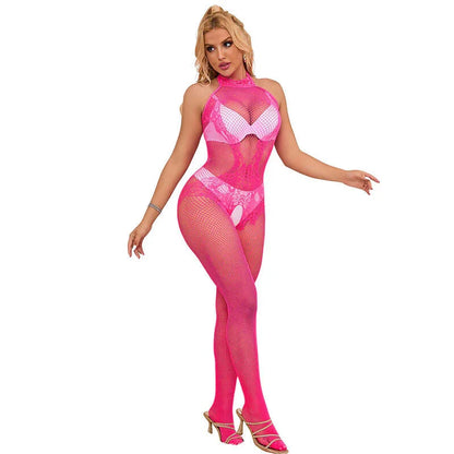 SUBBLIME - 952389 FISHNET AND LACE CROTCHLESS BODYSTOCKING WITH HIGH NECK PINK ONE SIZE - Happytoys Sexshop: online sex shop for Feeling Happy & Easy 😊 - Discreet geleverd