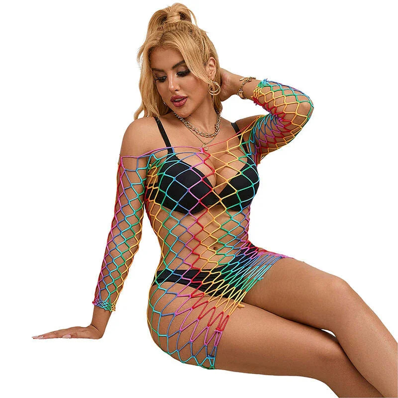 SUBBLIME - 952426 RAINBOW LONG SLEEVE FISHNET DRESS ONE SIZE - Happytoys Sexshop: online sex shop for Feeling Happy & Easy 😊 - Discreet geleverd