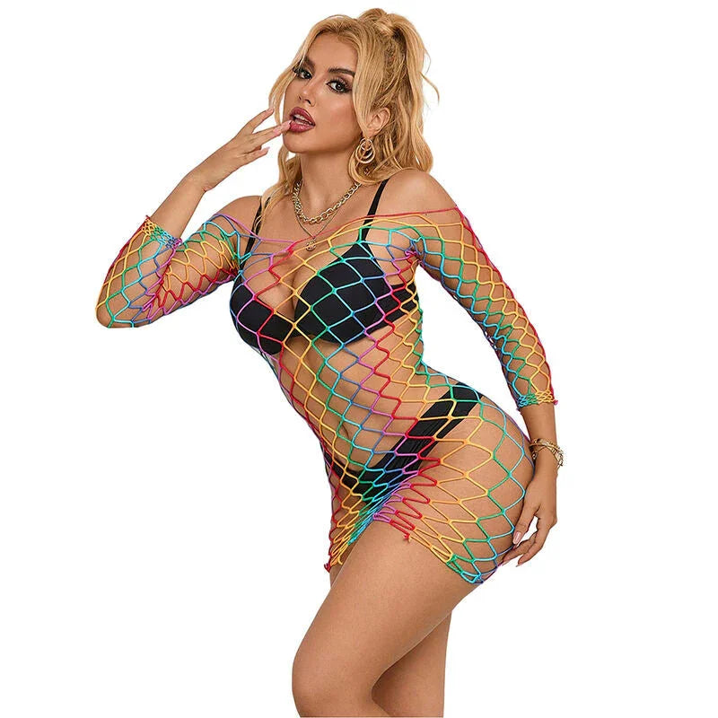 SUBBLIME - 952426 RAINBOW LONG SLEEVE FISHNET DRESS ONE SIZE - Happytoys Sexshop: online sex shop for Feeling Happy & Easy 😊 - Discreet geleverd