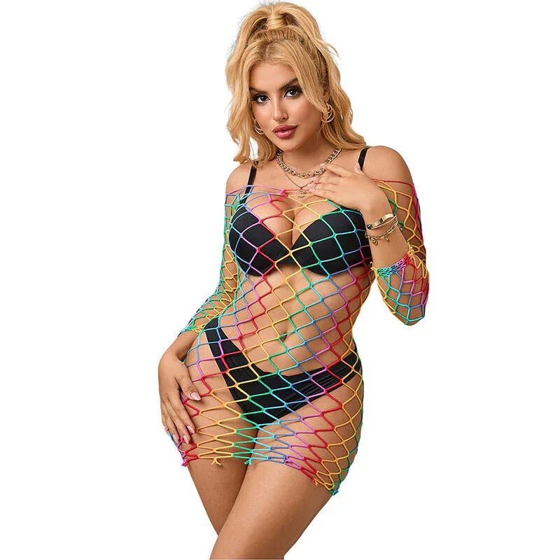 SUBBLIME - 952426 RAINBOW LONG SLEEVE FISHNET DRESS ONE SIZE - Happytoys Sexshop: online sex shop for Feeling Happy & Easy 😊 - Discreet geleverd
