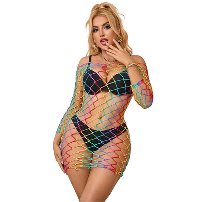 SUBBLIME - 952426 RAINBOW LONG SLEEVE FISHNET DRESS ONE SIZE - Happytoys Sexshop: online sex shop for Feeling Happy & Easy 😊 - Discreet geleverd