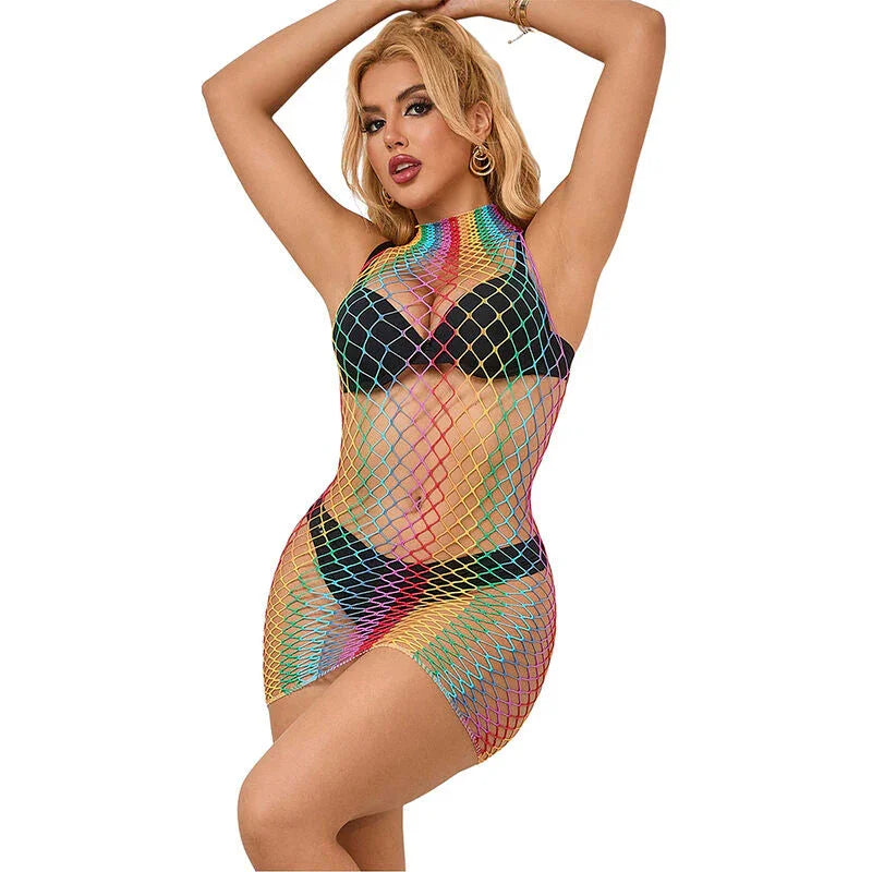 SUBBLIME - 952433 RAINBOW HIGH NECK SLEEVELESS FISHNET DRESS ONE SIZE - Happytoys Sexshop: online sex shop for Feeling Happy & Easy 😊 - Discreet geleverd