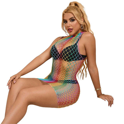 SUBBLIME - 952433 RAINBOW HIGH NECK SLEEVELESS FISHNET DRESS ONE SIZE - Happytoys Sexshop: online sex shop for Feeling Happy & Easy 😊 - Discreet geleverd