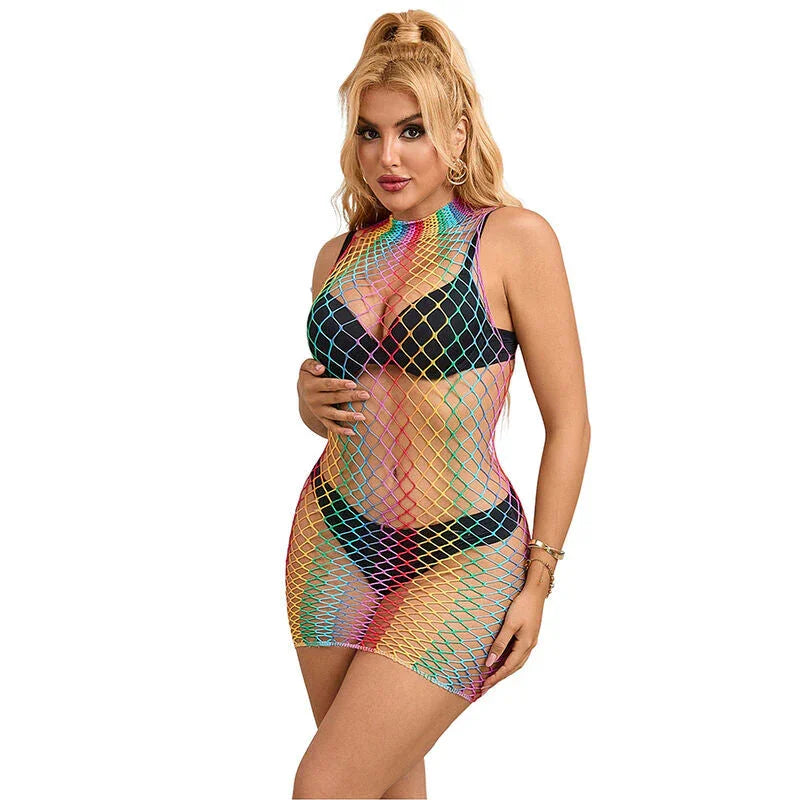 SUBBLIME - 952433 RAINBOW HIGH NECK SLEEVELESS FISHNET DRESS ONE SIZE - Happytoys Sexshop: online sex shop for Feeling Happy & Easy 😊 - Discreet geleverd