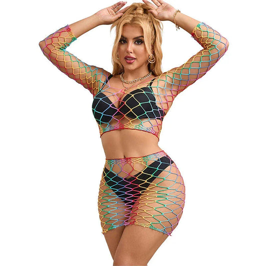 SUBBLIME - 952440 2-PIECE FISHNET SET LONG SLEEVE RAINBOW ONE SIZE - Happytoys Sexshop: online sex shop for Feeling Happy & Easy 😊 - Discreet geleverd