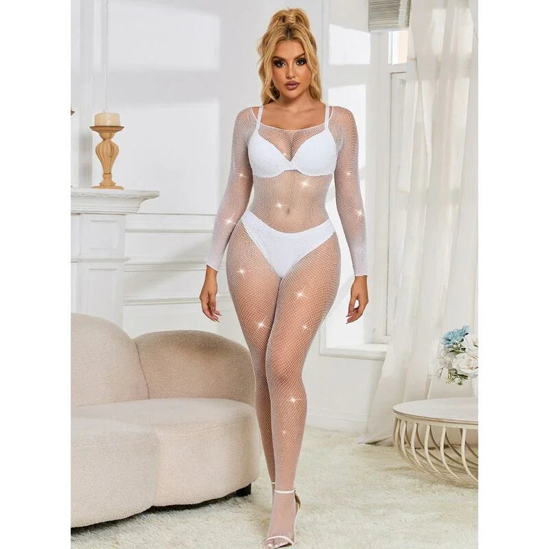 SUBBLIME - 952396 FISHNET BODYSTOCKING WITH DIAMONDS LONG SLEEVE WHITE ONE SIZE - Happytoys Sexshop: online sex shop for Feeling Happy & Easy 😊 - Discreet geleverd