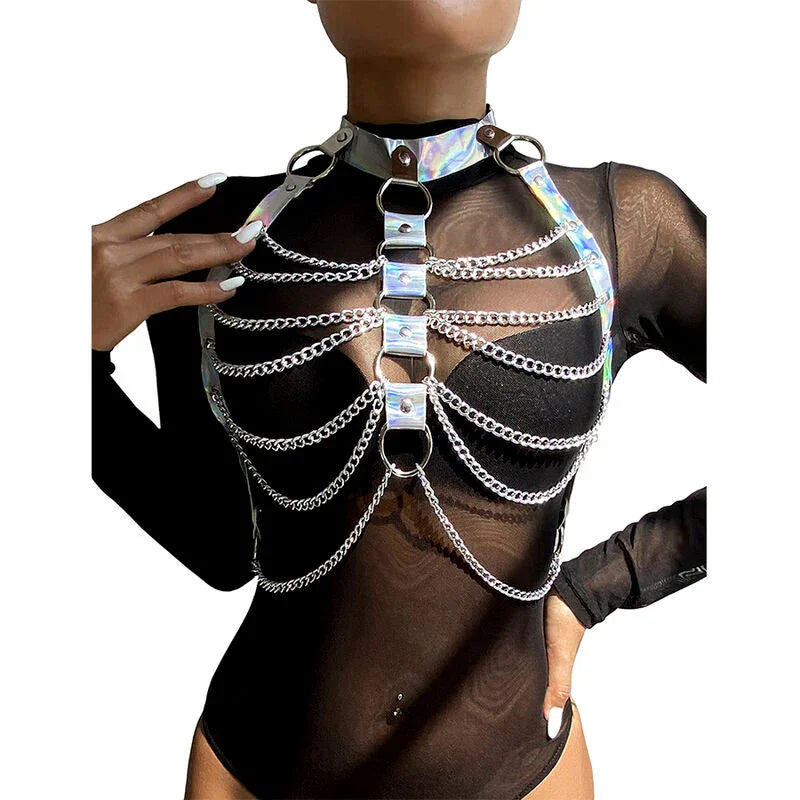 SUBBLIME - 953737 CHEST HARNESS WITH RINGS AND CHAINS SILVER ONE SIZE - Happytoys Sexshop: online sex shop for Feeling Happy & Easy 😊 - Discreet geleverd