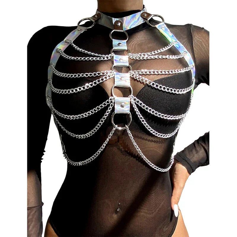 SUBBLIME - 953737 CHEST HARNESS WITH RINGS AND CHAINS SILVER ONE SIZE - Happytoys Sexshop: online sex shop for Feeling Happy & Easy 😊 - Discreet geleverd
