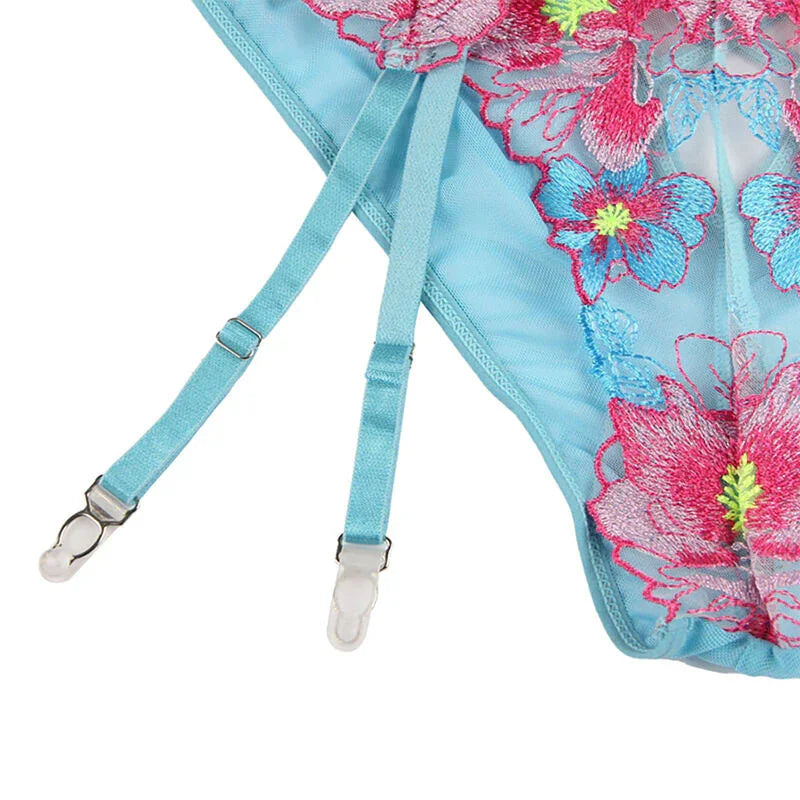 SUBBLIME - 954109 BRA + PANTIES WITH GARTER BELT FLORAL DESIGN BLUE S/M - Happytoys Sexshop: online sex shop for Feeling Happy & Easy 😊 - Discreet geleverd