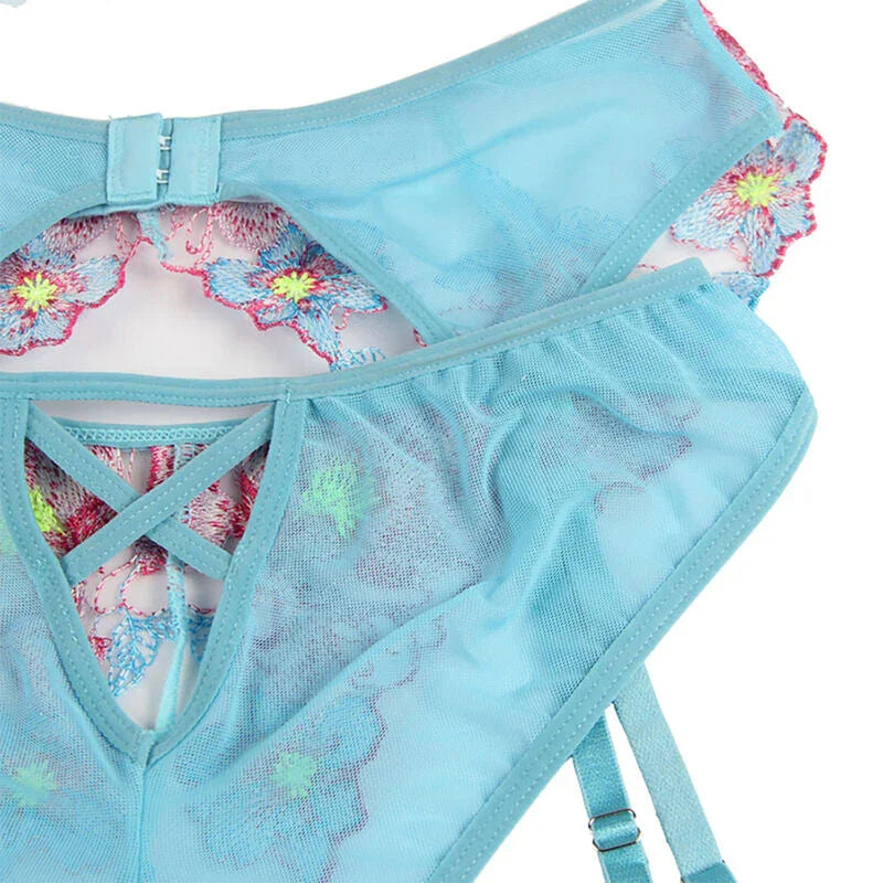 SUBBLIME - 954109 BRA + PANTIES WITH GARTER BELT FLORAL DESIGN BLUE S/M - Happytoys Sexshop: online sex shop for Feeling Happy & Easy 😊 - Discreet geleverd