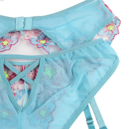 SUBBLIME - 954116 BRA + PANTIES WITH GARTER BELT FLORAL DESIGN BLUE L/XL - Happytoys Sexshop: online sex shop for Feeling Happy & Easy 😊 - Discreet geleverd
