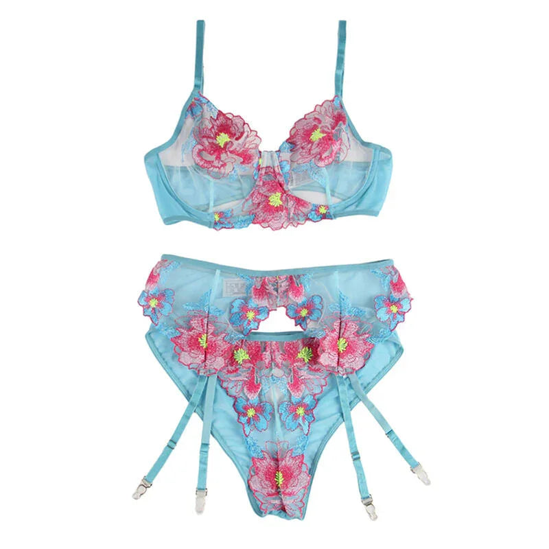 SUBBLIME - 954116 BRA + PANTIES WITH GARTER BELT FLORAL DESIGN BLUE L/XL - Happytoys Sexshop: online sex shop for Feeling Happy & Easy 😊 - Discreet geleverd