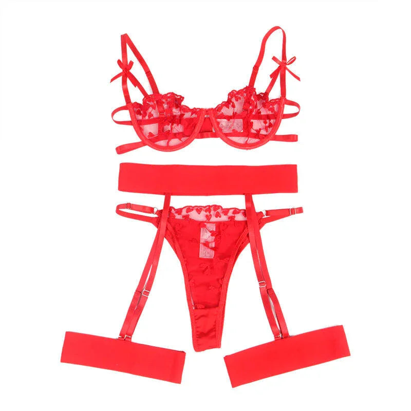 SUBBLIME - 954321 HEART PRINT BRA + THONG + GARTER BELT RED S/M - Happytoys Sexshop: online sex shop for Feeling Happy & Easy 😊 - Discreet geleverd