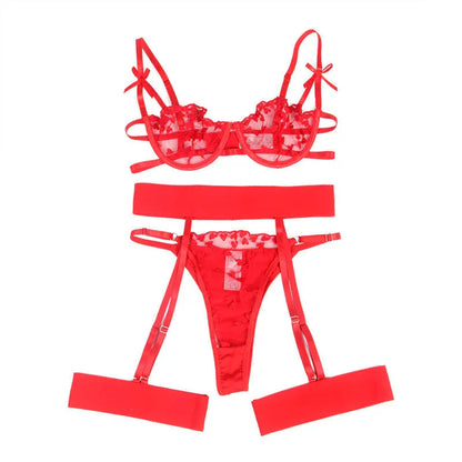 SUBBLIME - 954338 HEART PRINT BRA + THONG + GARTER BELT RED L/XL - Happytoys Sexshop: online sex shop for Feeling Happy & Easy 😊 - Discreet geleverd