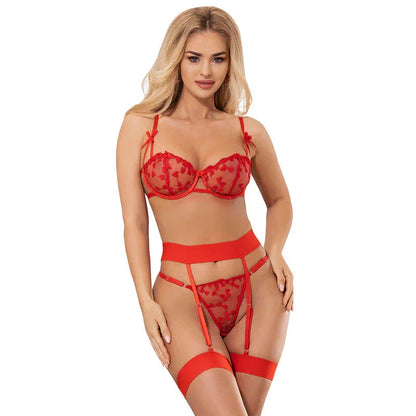 SUBBLIME - 954338 HEART PRINT BRA + THONG + GARTER BELT RED L/XL - Happytoys Sexshop: online sex shop for Feeling Happy & Easy 😊 - Discreet geleverd