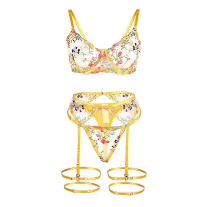 SUBBLIME - 954345 BRA + THONG + GARTER BELT FLORAL DESIGN YELLOW S/M - Happytoys Sexshop: online sex shop for Feeling Happy & Easy 😊 - Discreet geleverd