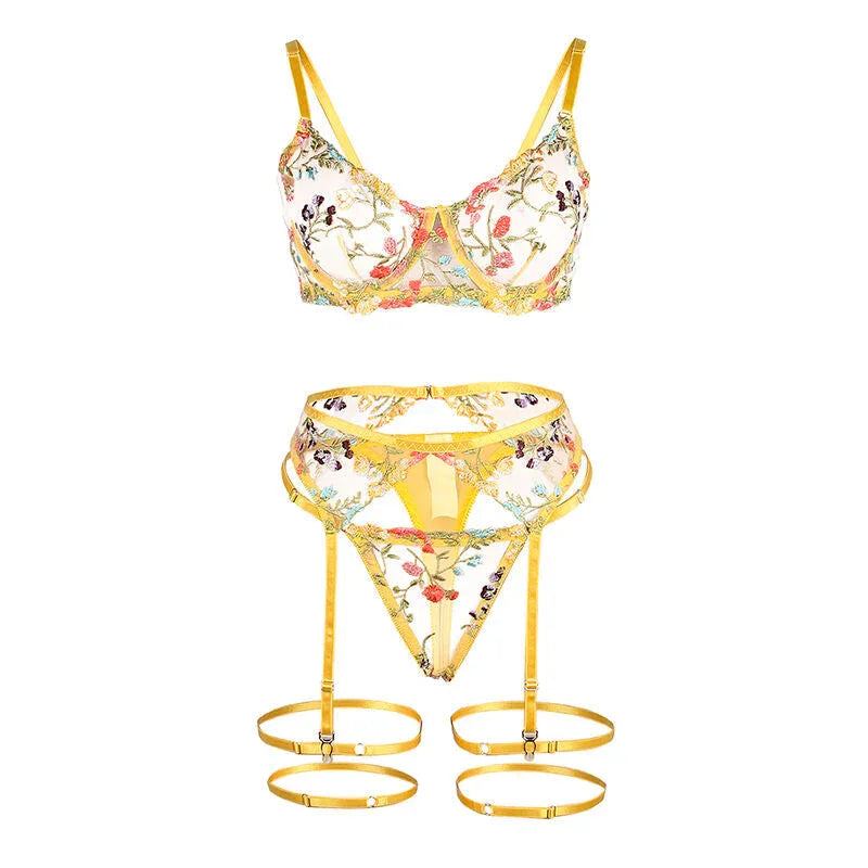 SUBBLIME - 954352 BRA + THONG + GARTER BELT FLORAL DESIGN YELLOW L/XL - Happytoys Sexshop: online sex shop for Feeling Happy & Easy 😊 - Discreet geleverd