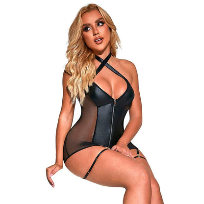 SUBBLIME - 954444 SEXY MESH DRESS LEATHER BLACK S/M - Happytoys Sexshop: online sex shop for Feeling Happy & Easy 😊 - Discreet geleverd