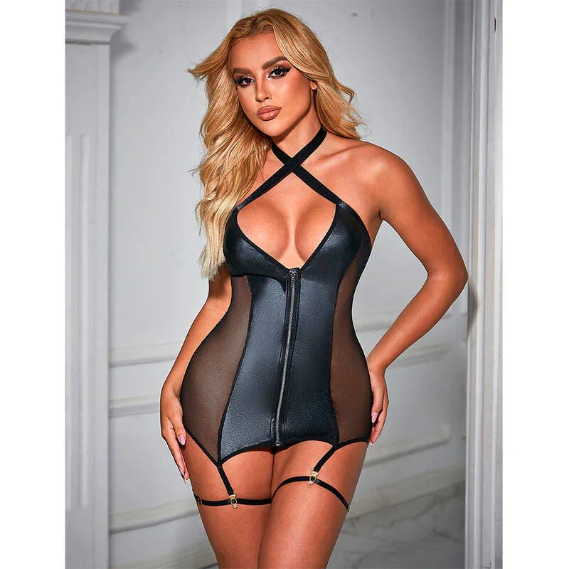 SUBBLIME - 954444 SEXY MESH DRESS LEATHER BLACK S/M - Happytoys Sexshop: online sex shop for Feeling Happy & Easy 😊 - Discreet geleverd