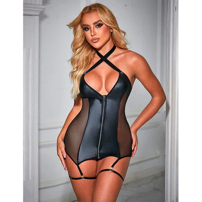 SUBBLIME - 954444 SEXY MESH DRESS LEATHER BLACK S/M - Happytoys Sexshop: online sex shop for Feeling Happy & Easy 😊 - Discreet geleverd