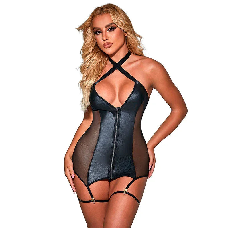SUBBLIME - 954451 SEXY MESH DRESS LEATHER BLACK L/XL - Happytoys Sexshop: online sex shop for Feeling Happy & Easy 😊 - Discreet geleverd