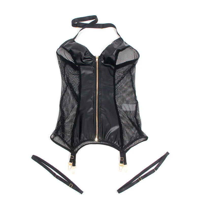 SUBBLIME - 954451 SEXY MESH DRESS LEATHER BLACK L/XL - Happytoys Sexshop: online sex shop for Feeling Happy & Easy 😊 - Discreet geleverd