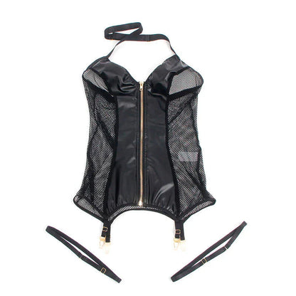 SUBBLIME - 954451 SEXY MESH DRESS LEATHER BLACK L/XL - Happytoys Sexshop: online sex shop for Feeling Happy & Easy 😊 - Discreet geleverd