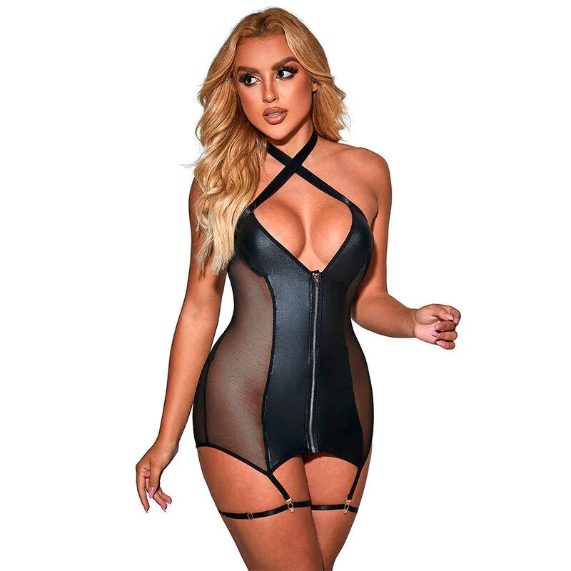 SUBBLIME - 954451 SEXY MESH DRESS LEATHER BLACK L/XL - Happytoys Sexshop: online sex shop for Feeling Happy & Easy 😊 - Discreet geleverd