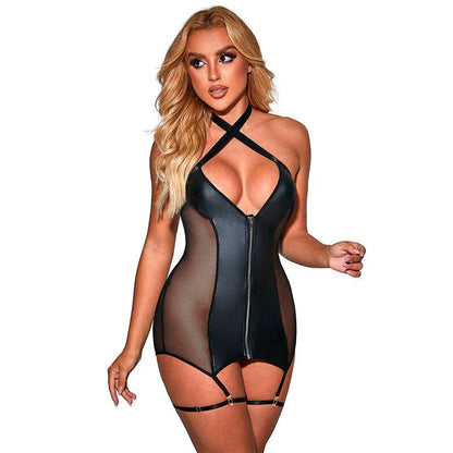 SUBBLIME - 954451 SEXY MESH DRESS LEATHER BLACK L/XL - Happytoys Sexshop: online sex shop for Feeling Happy & Easy 😊 - Discreet geleverd
