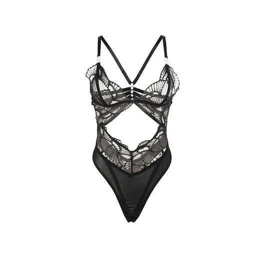 SUBBLIME - 955212 TRANSPARENT BODYSUIT WITH BLACK HOLLOW LACE S/M - Happytoys Sexshop: online sex shop for Feeling Happy & Easy 😊 - Discreet geleverd
