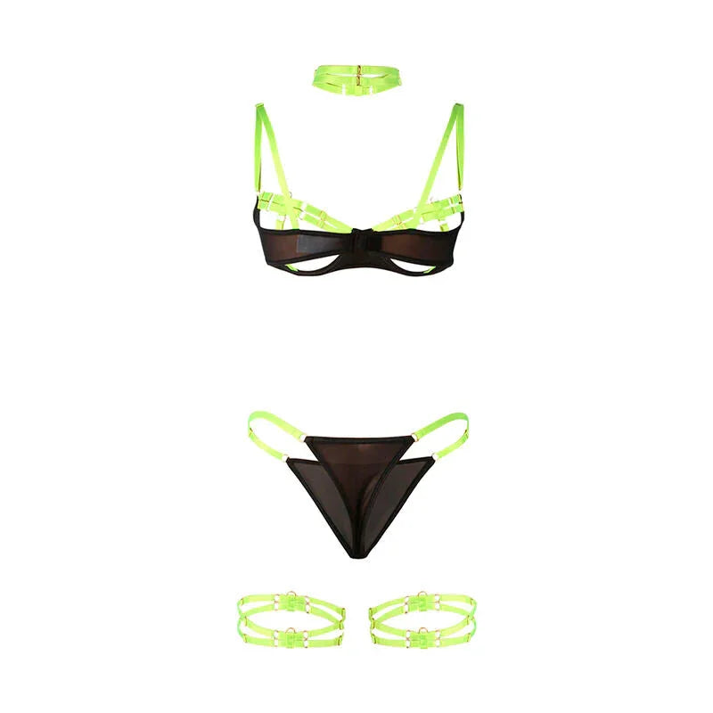 SUBBLIME - 955274 BRA SET WITH NECKLACE AND LEG DETAILS FLUORESCENT GREEN S/M - Happytoys Sexshop: online sex shop for Feeling Happy & Easy 😊 - Discreet geleverd