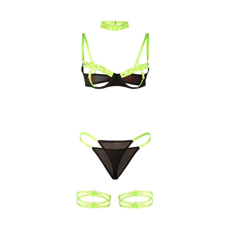 SUBBLIME - 955281 BRA SET WITH NECKLACE AND LEG DETAILS FLUORESCENT GREEN L/XL - Happytoys Sexshop: online sex shop for Feeling Happy & Easy 😊 - Discreet geleverd