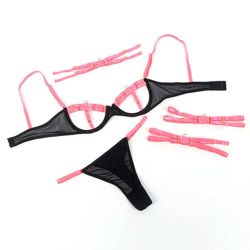 SUBBLIME - 955298 BRA SET WITH NECKLACE AND LEG DETAILS FLUORESCENT PINK S/M - Happytoys Sexshop: online sex shop for Feeling Happy & Easy 😊 - Discreet geleverd