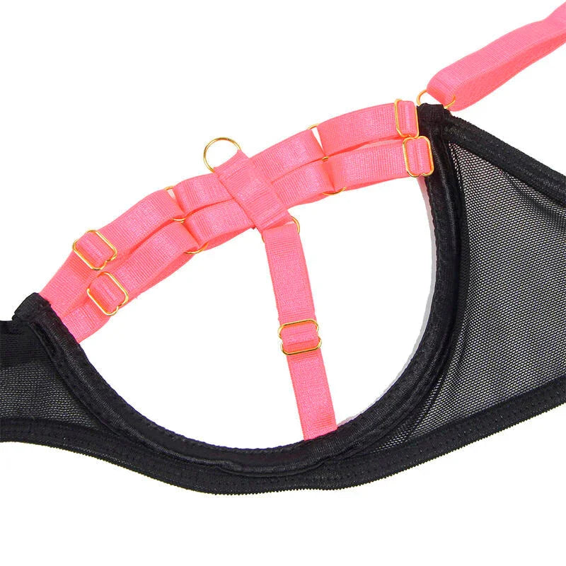 SUBBLIME - 955304 BRA SET WITH NECKLACE AND LEG DETAILS FLUORESCENT PINK L/XL - Happytoys Sexshop: online sex shop for Feeling Happy & Easy 😊 - Discreet geleverd