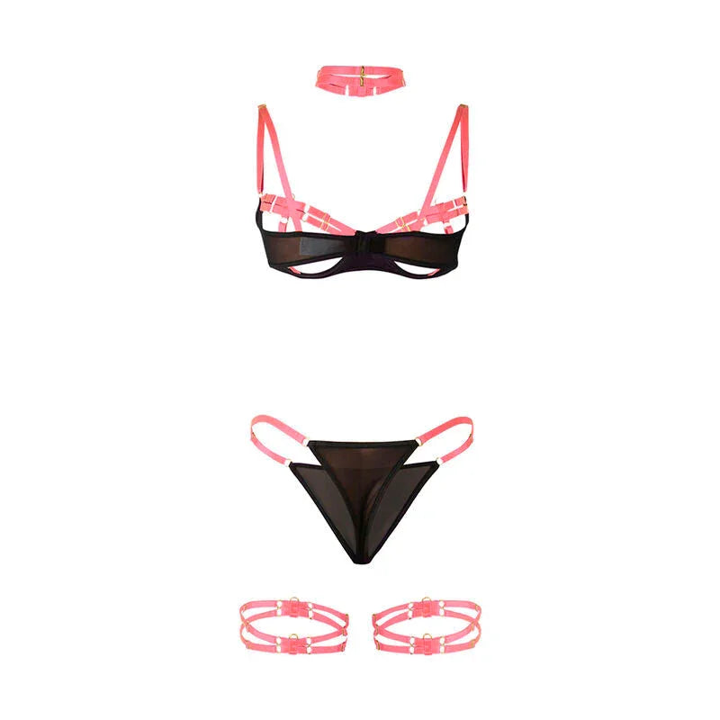 SUBBLIME - 955304 BRA SET WITH NECKLACE AND LEG DETAILS FLUORESCENT PINK L/XL - Happytoys Sexshop: online sex shop for Feeling Happy & Easy 😊 - Discreet geleverd