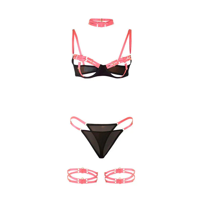 SUBBLIME - 955304 BRA SET WITH NECKLACE AND LEG DETAILS FLUORESCENT PINK L/XL - Happytoys Sexshop: online sex shop for Feeling Happy & Easy 😊 - Discreet geleverd
