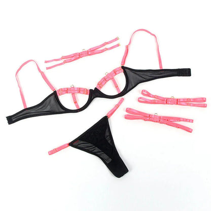 SUBBLIME - 955304 BRA SET WITH NECKLACE AND LEG DETAILS FLUORESCENT PINK L/XL - Happytoys Sexshop: online sex shop for Feeling Happy & Easy 😊 - Discreet geleverd