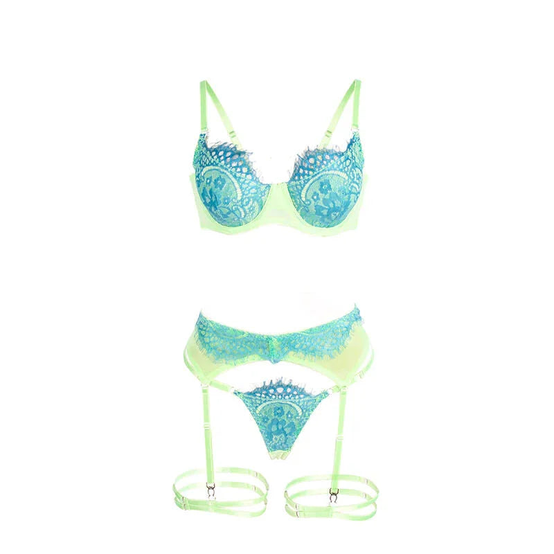 SUBBLIME - 955328 BRA SET WITH LACE AND GARTER LINES GREEN AND BLUE L/XL - Happytoys Sexshop: online sex shop for Feeling Happy & Easy 😊 - Discreet geleverd