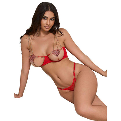 SUBBLIME - 955519 BRA SET WITH CHAINS AND MESH HEART RED S/M - Happytoys Sexshop: online sex shop for Feeling Happy & Easy 😊 - Discreet geleverd