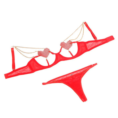 SUBBLIME - 955526 BRA SET WITH CHAINS AND MESH HEART RED L/XL - Happytoys Sexshop: online sex shop for Feeling Happy & Easy 😊 - Discreet geleverd