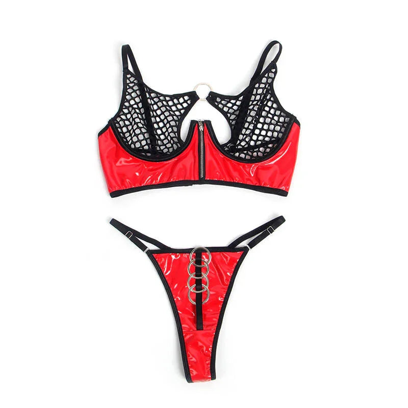 SUBBLIME - 955533 RED PATENT LEATHER MESH ZIPPER BRA SET S/M - Happytoys Sexshop: online sex shop for Feeling Happy & Easy 😊 - Discreet geleverd