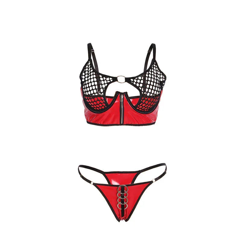 SUBBLIME - 955533 RED PATENT LEATHER MESH ZIPPER BRA SET S/M - Happytoys Sexshop: online sex shop for Feeling Happy & Easy 😊 - Discreet geleverd