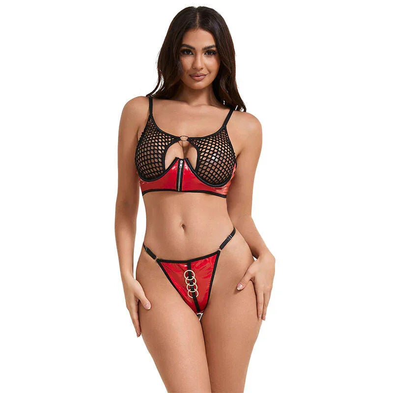 SUBBLIME - 955533 RED PATENT LEATHER MESH ZIPPER BRA SET S/M - Happytoys Sexshop: online sex shop for Feeling Happy & Easy 😊 - Discreet geleverd